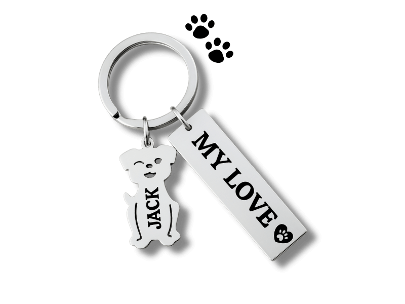 porte-clés chien argent personnalisé avec nom gravé jack et plaque rectangulaire my love